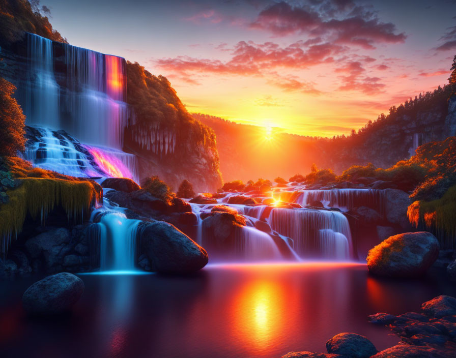 Vivid sunset over cascading waterfall in lush setting