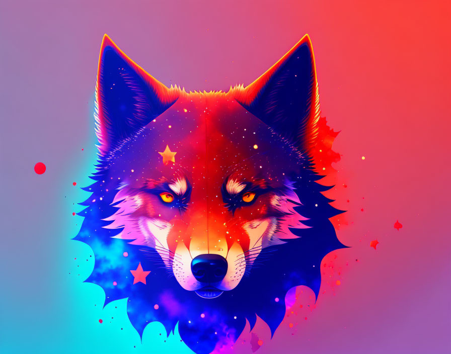 Cosmic wolf digital art with starry fur on pink-purple background