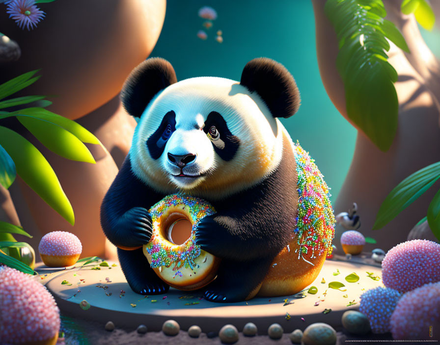 Colorful 3D Panda Illustration with Sprinkle Donut in Whimsical Forest