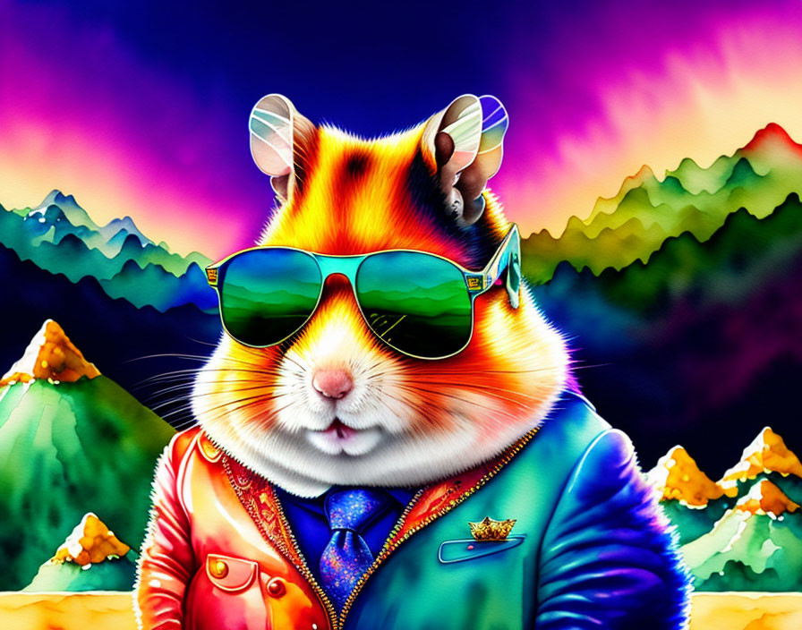 Colorful illustration of stylish guinea pig in sunglasses and suit against psychedelic backdrop