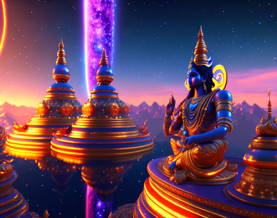 Blue Deity on Golden Platform with Pagodas, Mountains, Starry Sky, and Nebula