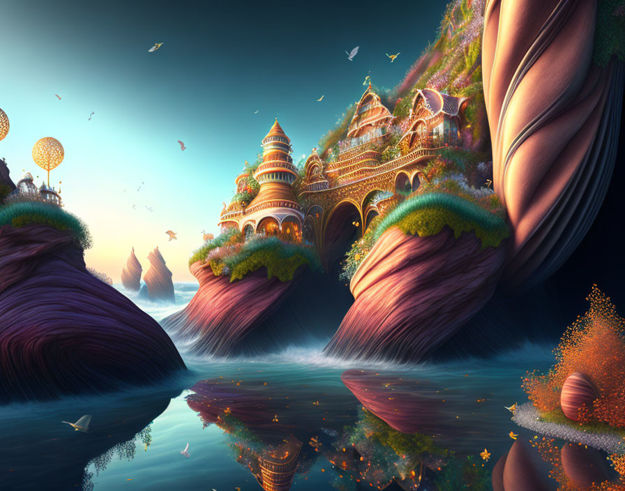 Fantastical landscape with ornate buildings, cliffs, lush greenery, and twilight sky.