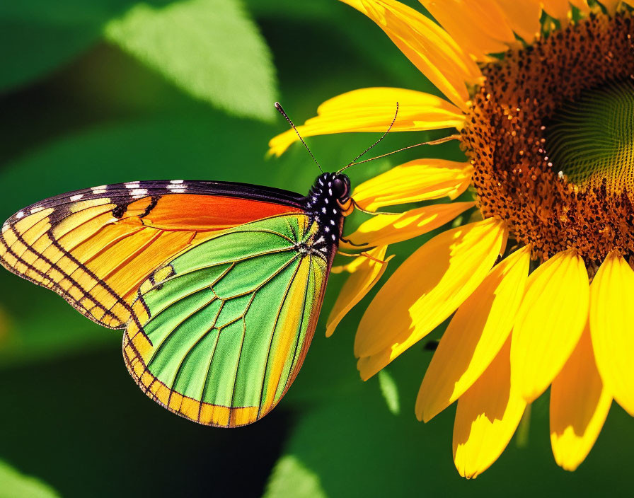 Monarch butterfly on sunflower petals against green background