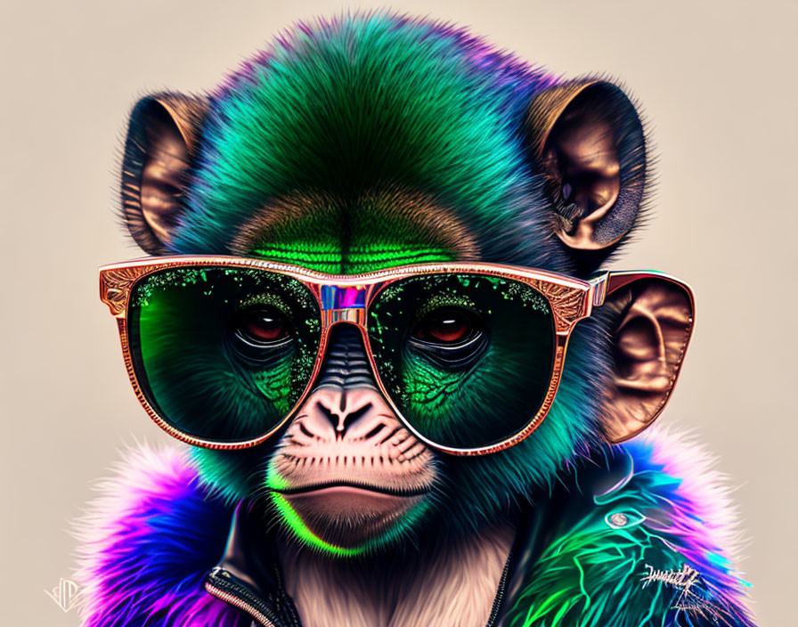 Colorful Monkey with Sunglasses and Leather Jacket on Muted Background