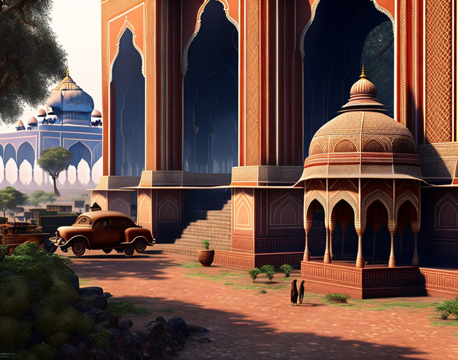 Illustration of vintage car at Indian palace with ornate architecture and lush surroundings