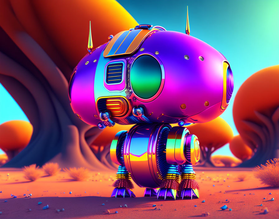 Colorful futuristic robot in alien desert landscape