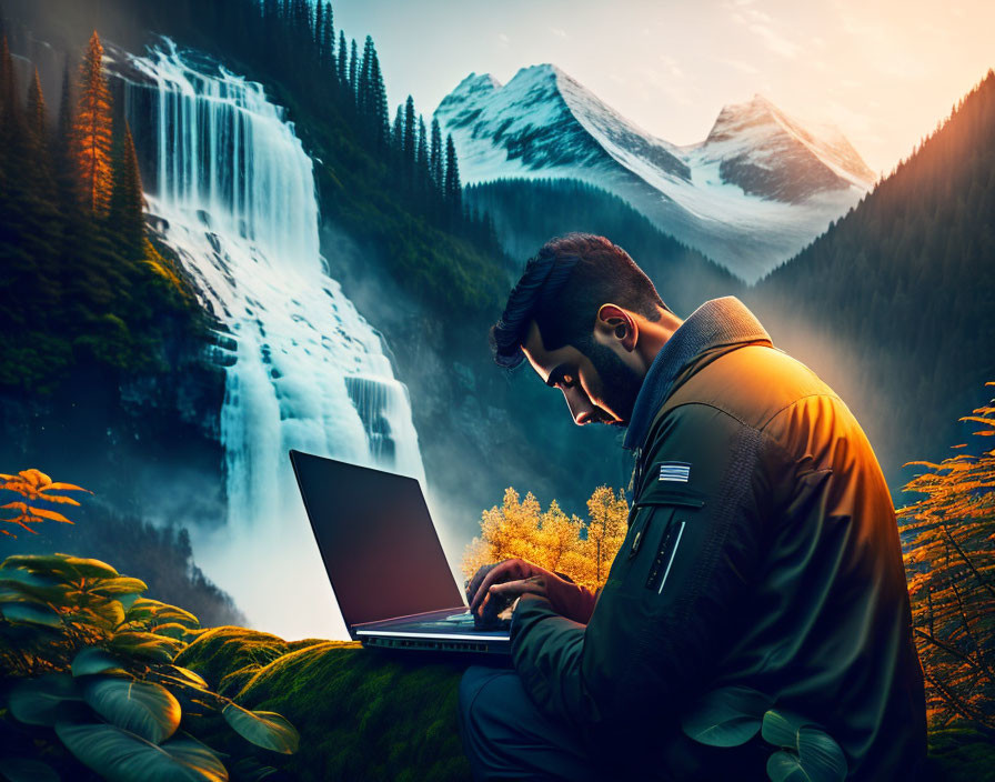 Man using laptop in majestic outdoor setting with waterfall, pine trees, and snowy mountains at sunrise or sunset