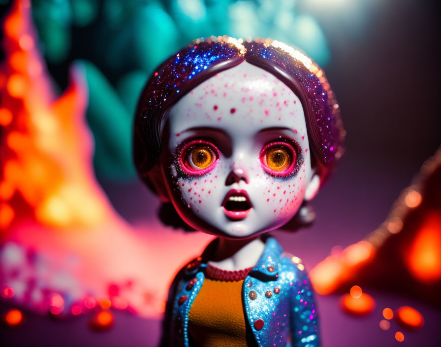 Glittery wide-eyed doll with headband against colorful backdrop