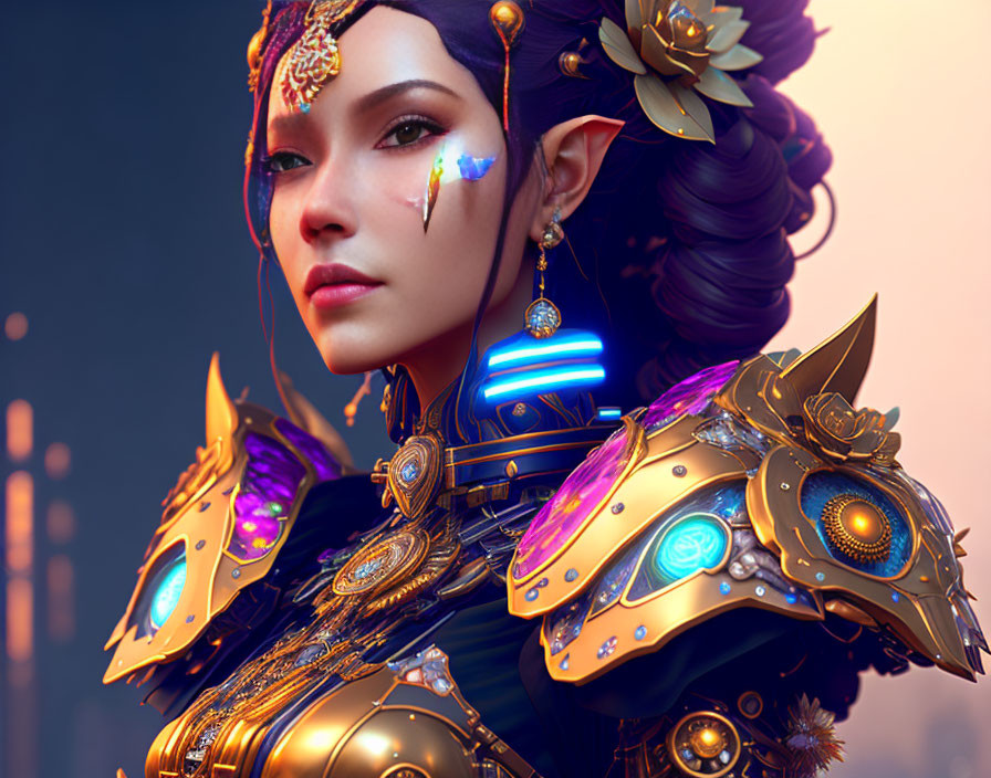 Digital portrait of woman in elf-like armor with gold and blue details.