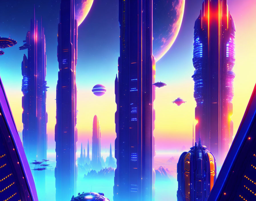 Futuristic sci-fi cityscape with towering skyscrapers and flying vehicles