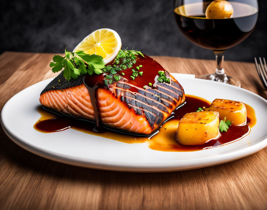 Grilled Salmon Fillet with Glaze, Lemon, Herbs, and Scallops on White