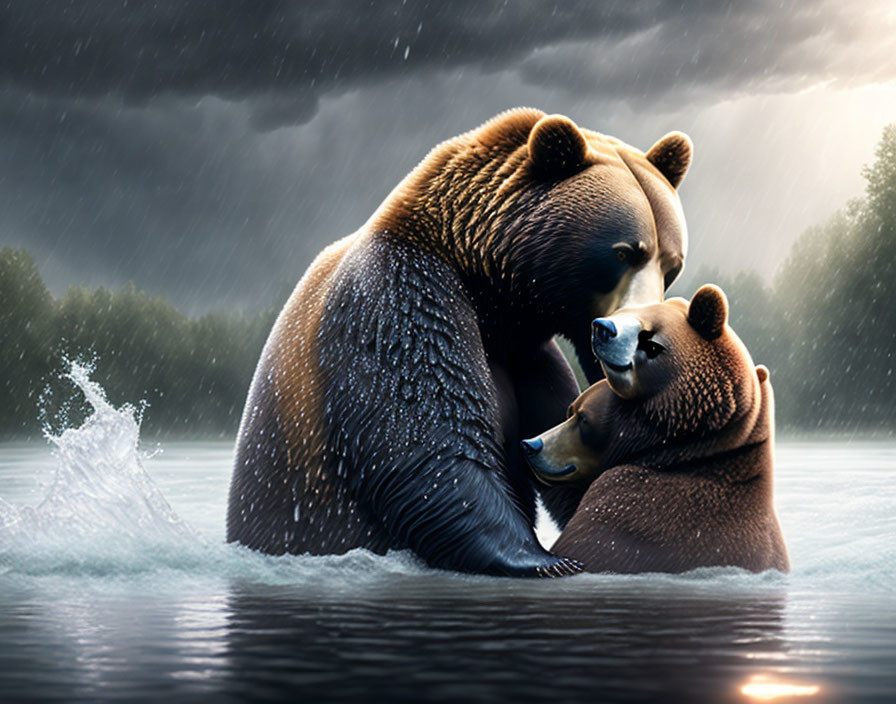 Family of Bears Embracing in River Under Stormy Sky