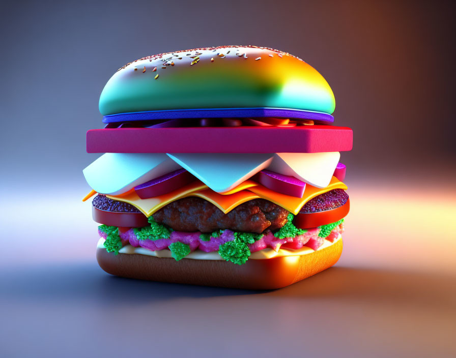Vibrant rainbow-themed stylized burger with dramatic lighting effect