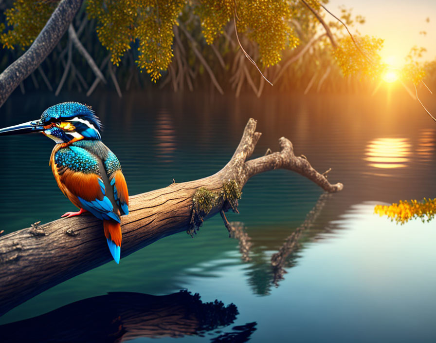 Vibrant kingfisher bird on branch at sunset by tranquil lake