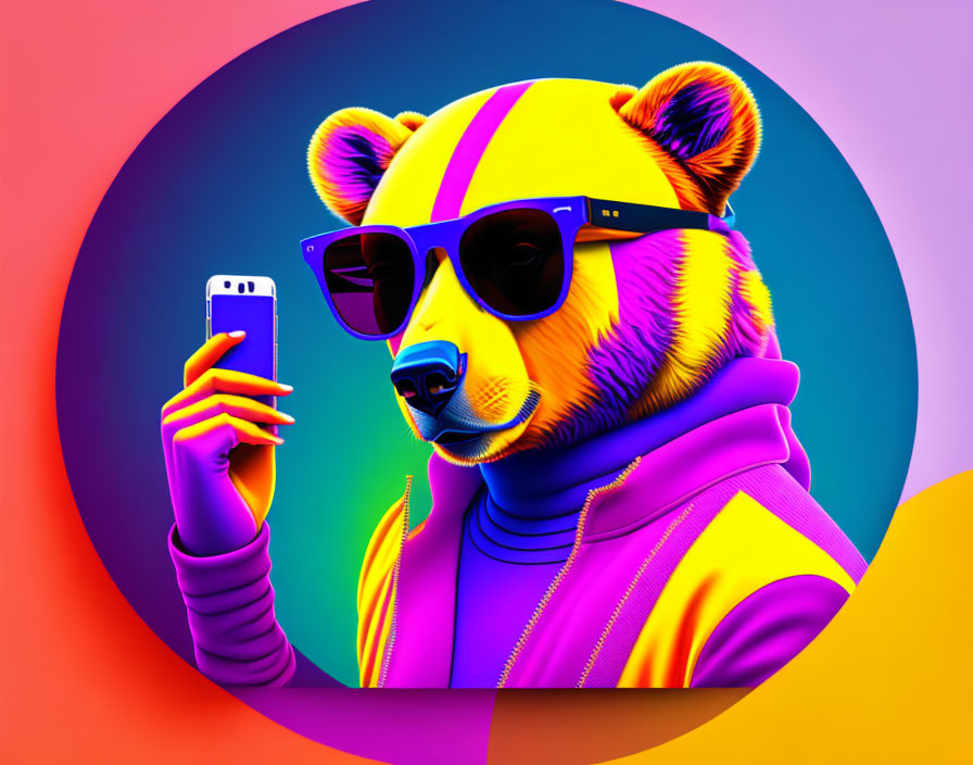 Colorful Bear Illustration Wearing Sunglasses and Hoodie Holding Smartphone