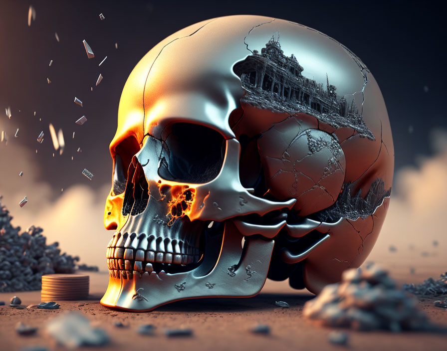 Surreal golden skull with cracked surface in sandstorm landscape