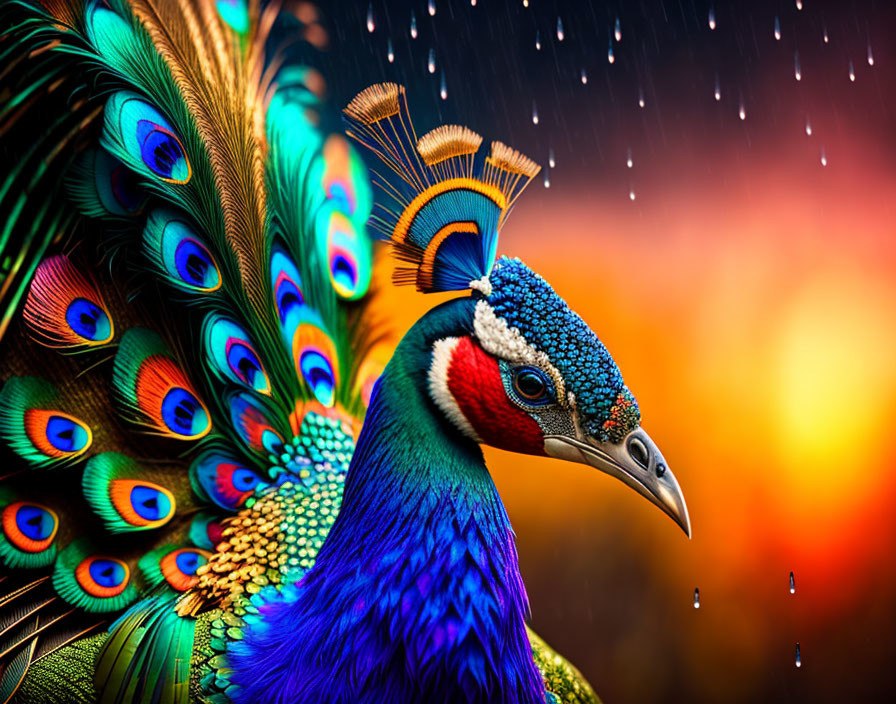 Colorful Peacock with Iridescent Feathers in Rain Shower