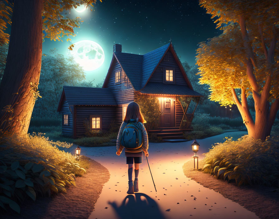 Young girl walking to cozy wooden house in moonlit night surrounded by enchanting forest