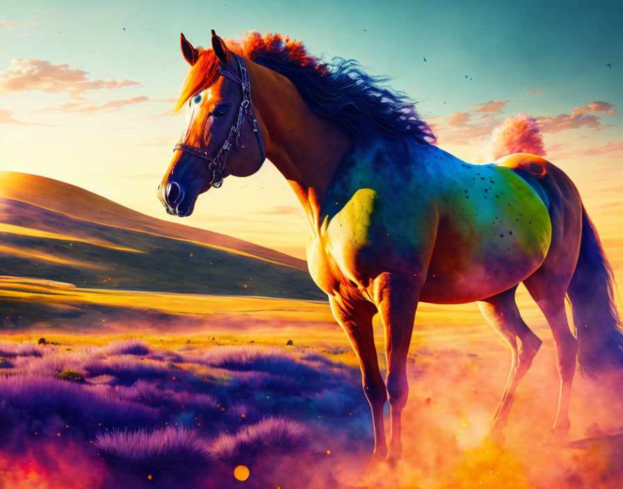 Colorful speckled coat horse in vibrant field at sunset