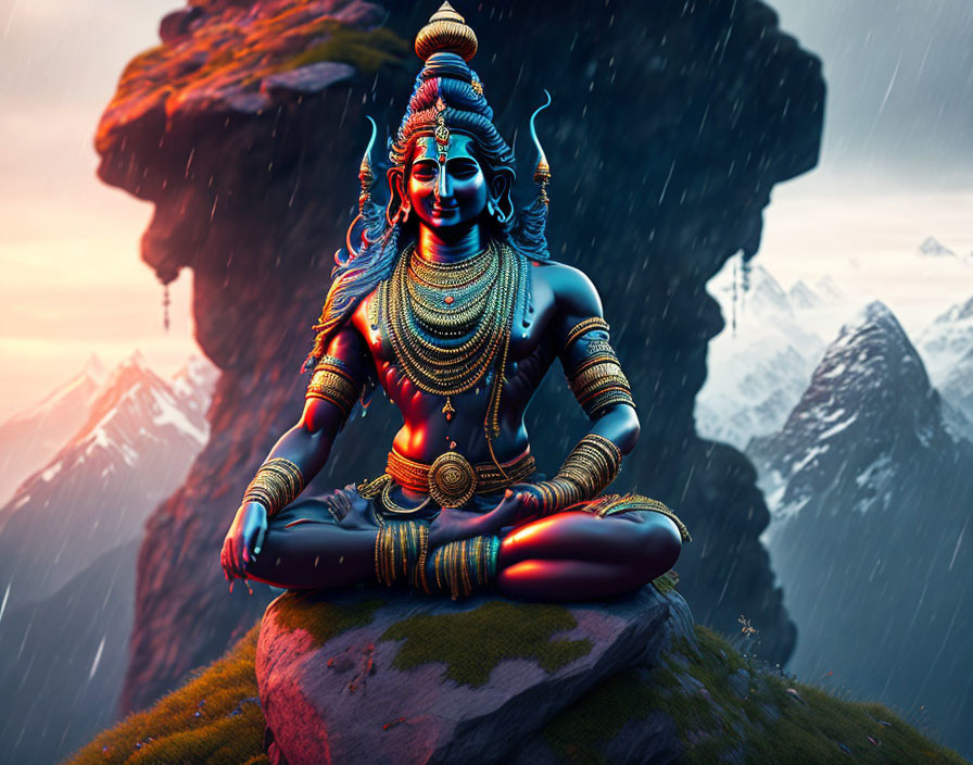 Blue-skinned, multi-armed deity meditating on cliff with mountain backdrop at sunset