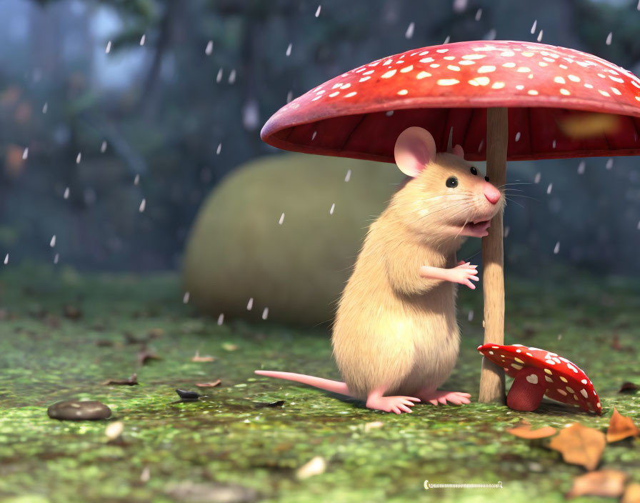 Mouse seeking shelter under red mushroom with white spots in the rain