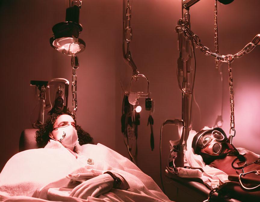 Surreal image of two people in beds with medical equipment in dimly lit room