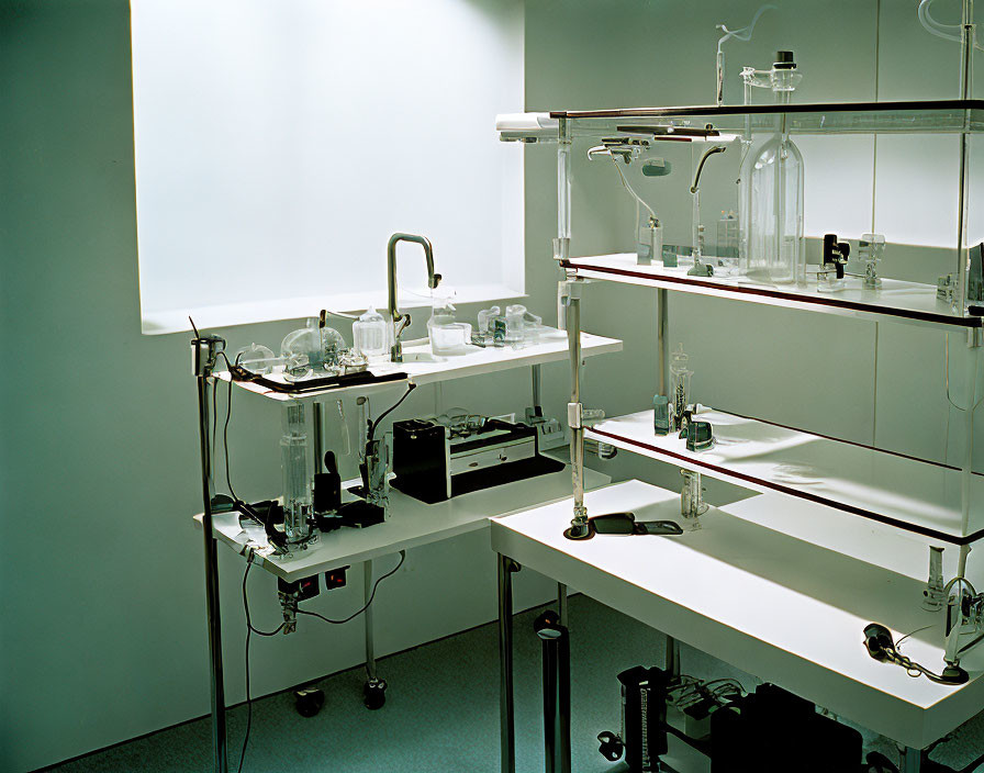 Organized laboratory bench with scientific glassware and instruments