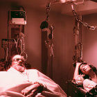 Surreal image of two people in beds with medical equipment in dimly lit room