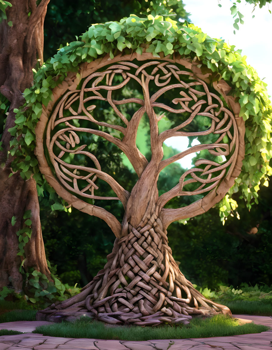 Intricate Tree Sculpture with Celtic-like Design in Forest Glade