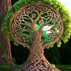 Intricate Tree Sculpture with Celtic-like Design in Forest Glade