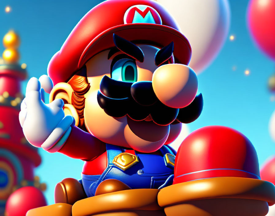 Colorful 3D Mario Character Winking and Making Peace Sign