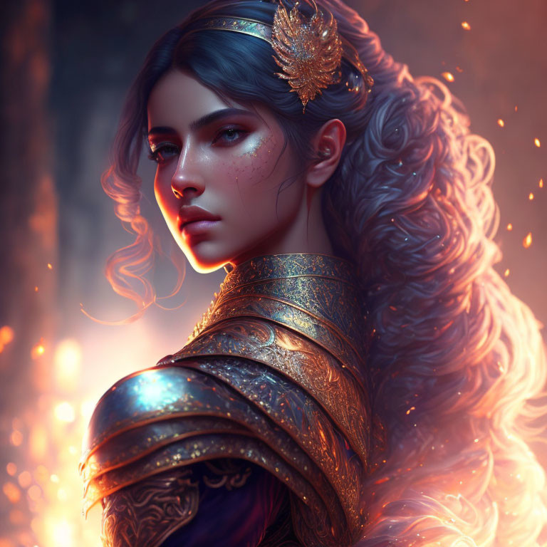 Digital Art: Woman with Blue Hair, Golden Armor, and Crown on Warm Background