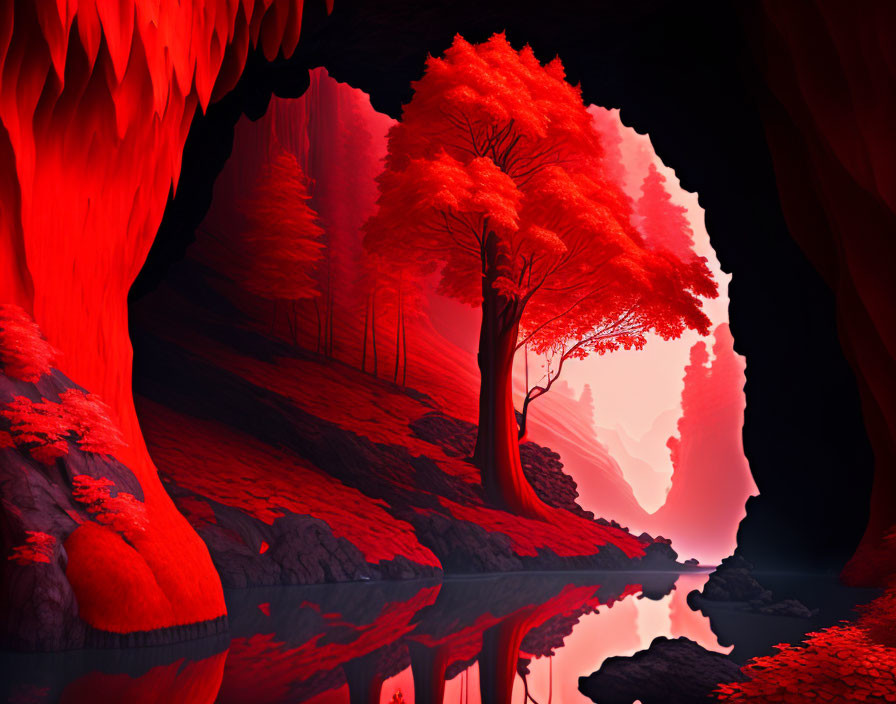 Vibrant red cave landscape with trees, reflections, and soft lighting