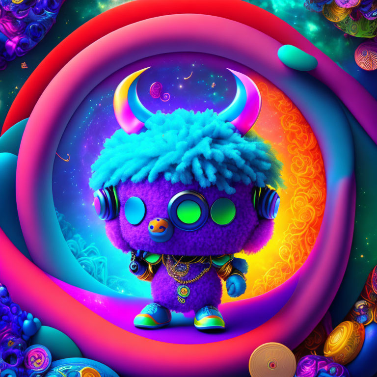 Colorful image of whimsical blue creature with horns and headphones on psychedelic rainbow background