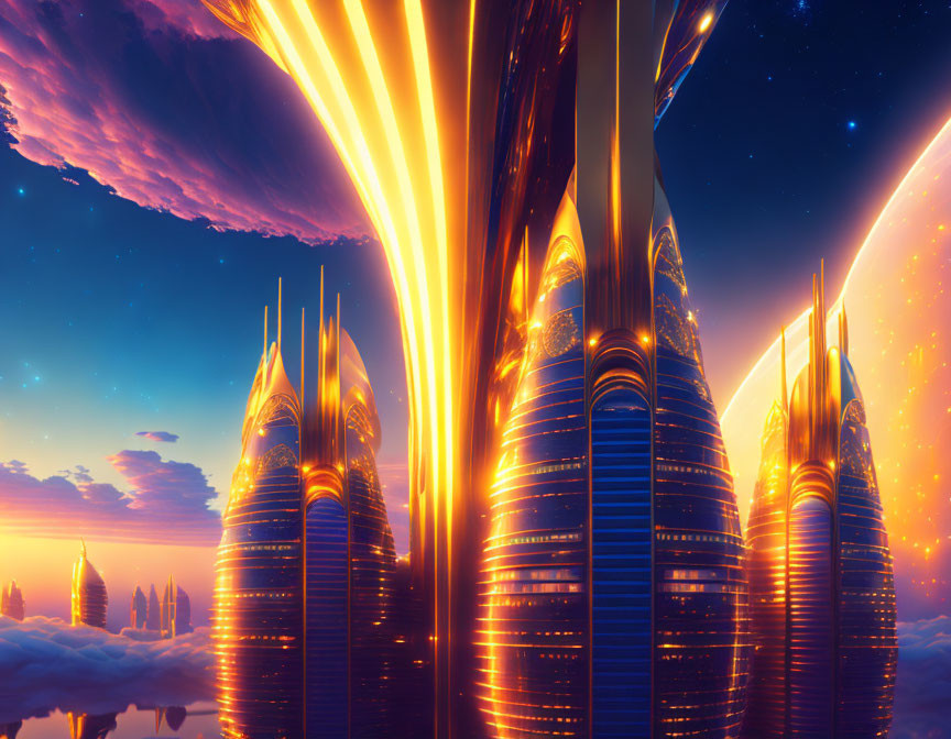 Futuristic illuminated cityscape with towering buildings in twilight sky.