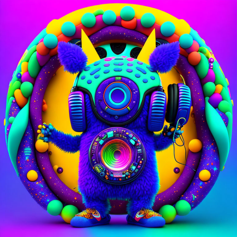 Colorful Whimsical Creature with Speaker Torso in Vibrant Purple and Yellow Setting