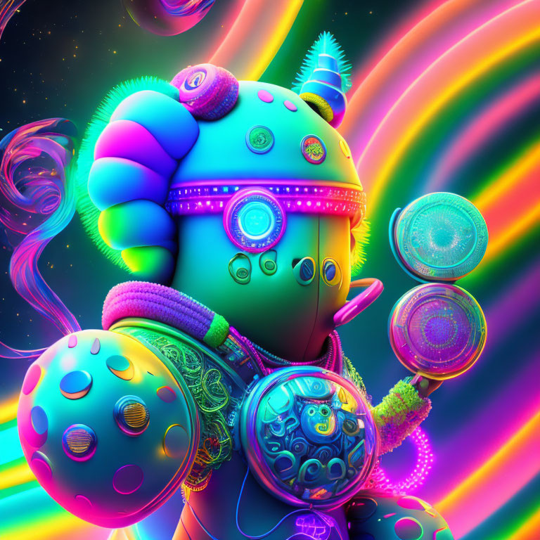 Colorful 3D illustration of alien DJ with headphones and turntables