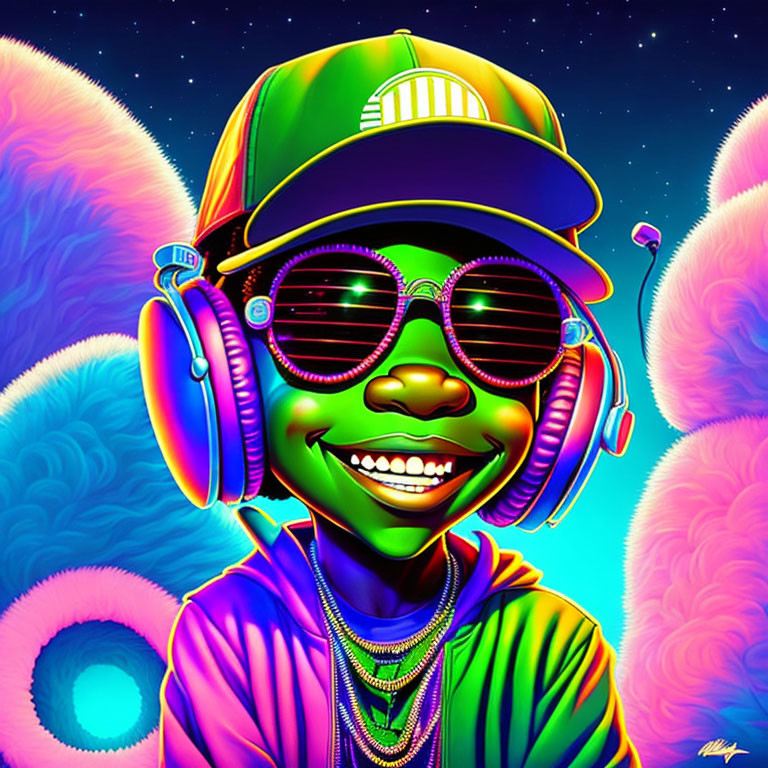 Colorful cartoon character with headphones, sunglasses, and cap on psychedelic background