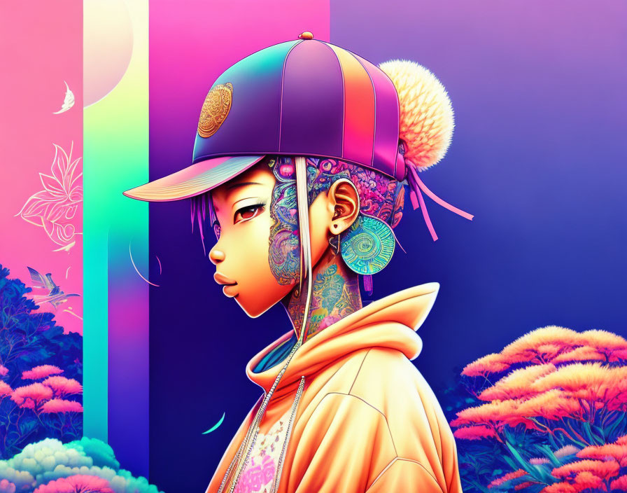 Colorful digital art: Person with tattoos, cap with pom-poms, neon nature backdrop