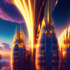 Futuristic illuminated cityscape with towering buildings in twilight sky.