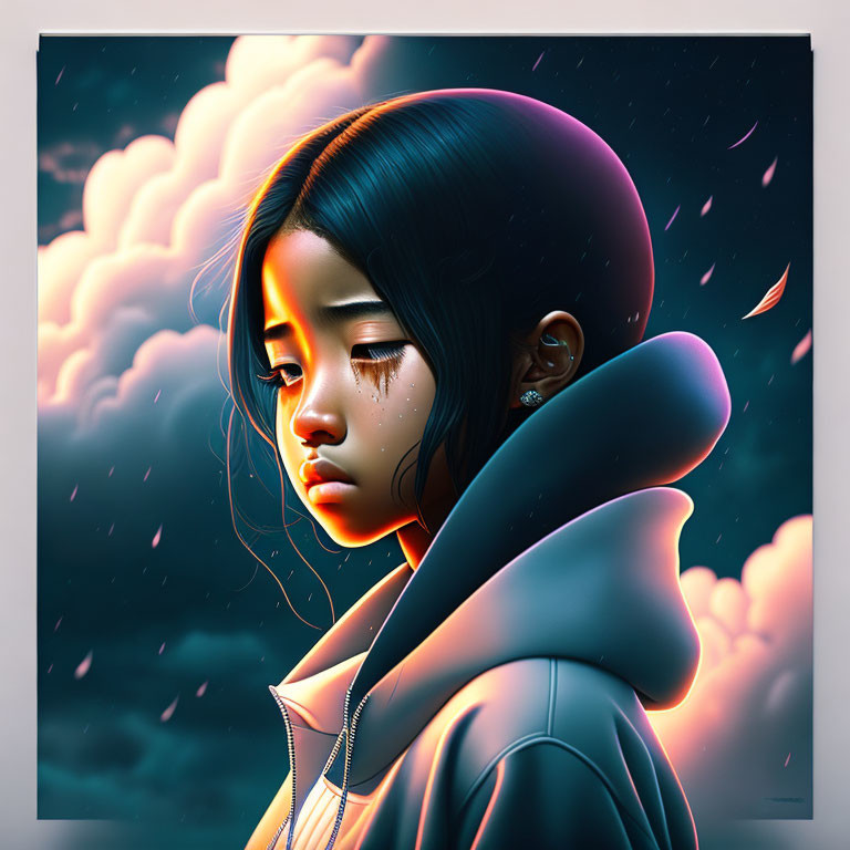 Digital Artwork: Somber Young Girl with Tears in Dramatic Setting