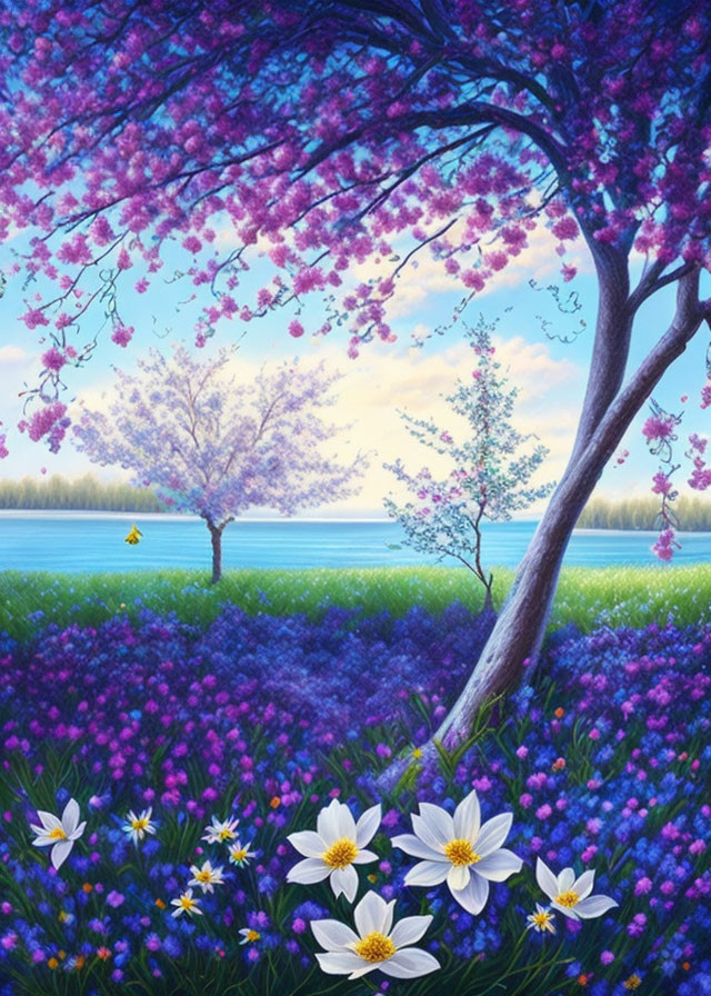 Colorful landscape with blooming purple tree, yellow boat on lake, blue and white flower field under
