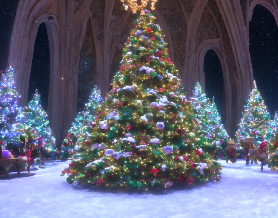 Decorated Christmas trees in snowy Gothic hall with colorful lights and stars