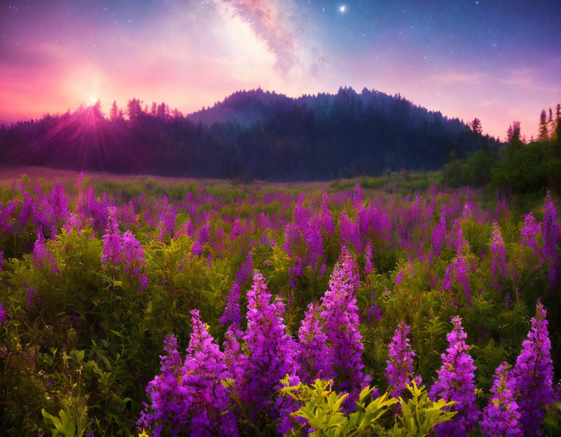 Colorful Sunset Over Purple Flower Field and Green Hills