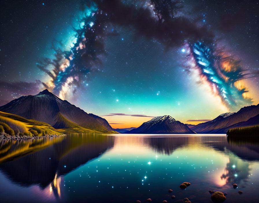 Serene lake with vibrant night sky and star-studded mountains