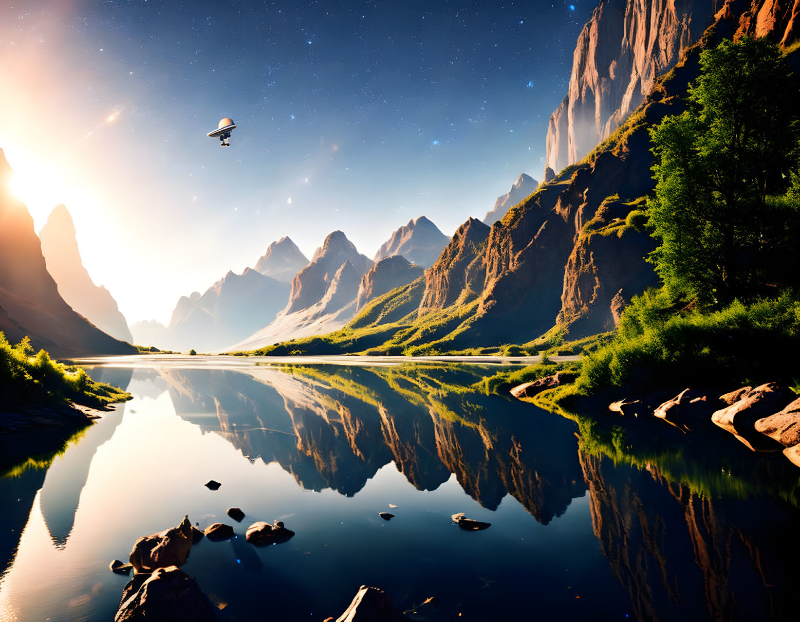 Majestic mountain landscape with serene lake and starry sky