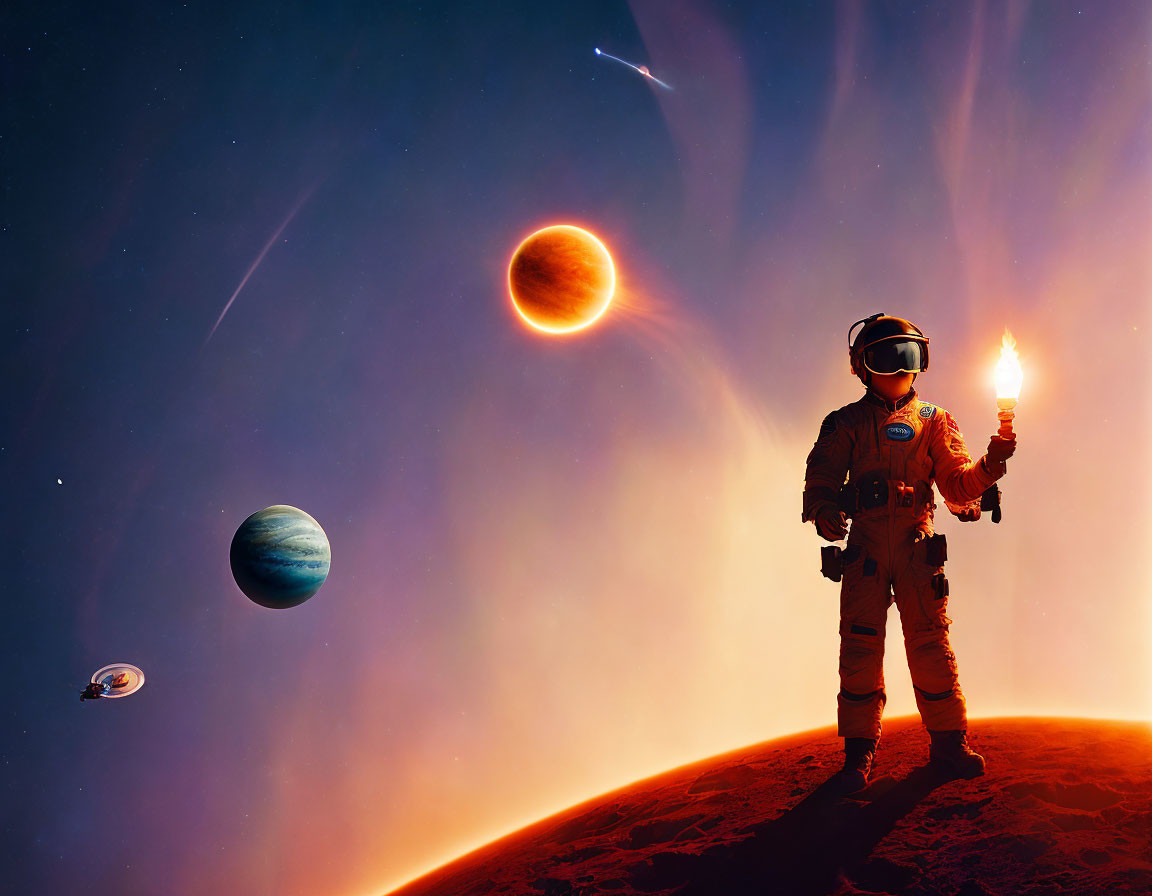 Astronaut with torch on alien planet under starry sky