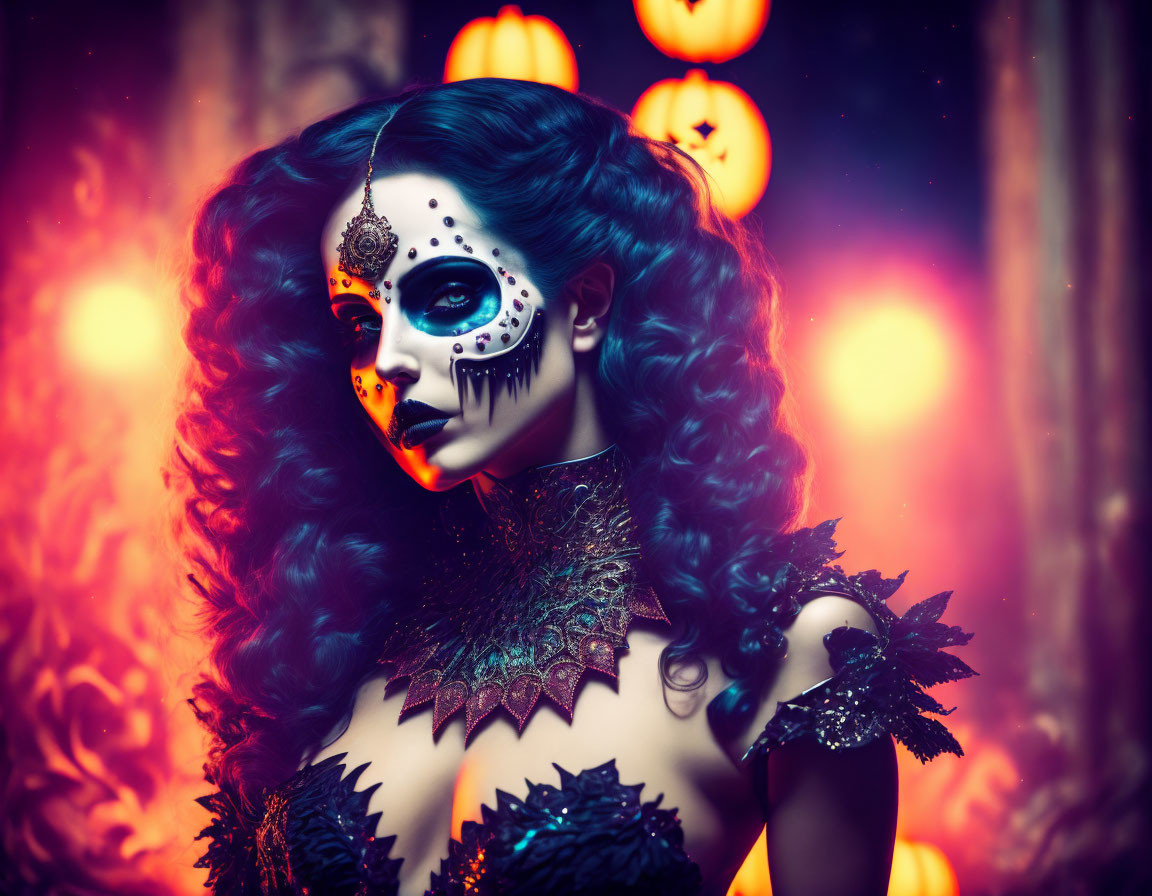 Half Skull Day of the Dead Makeup in Mystical Setting with Pumpkins