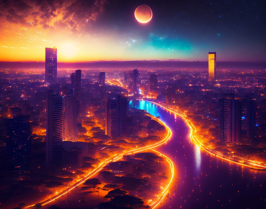 Luminous futuristic cityscape at twilight with moonlit river and radiant buildings