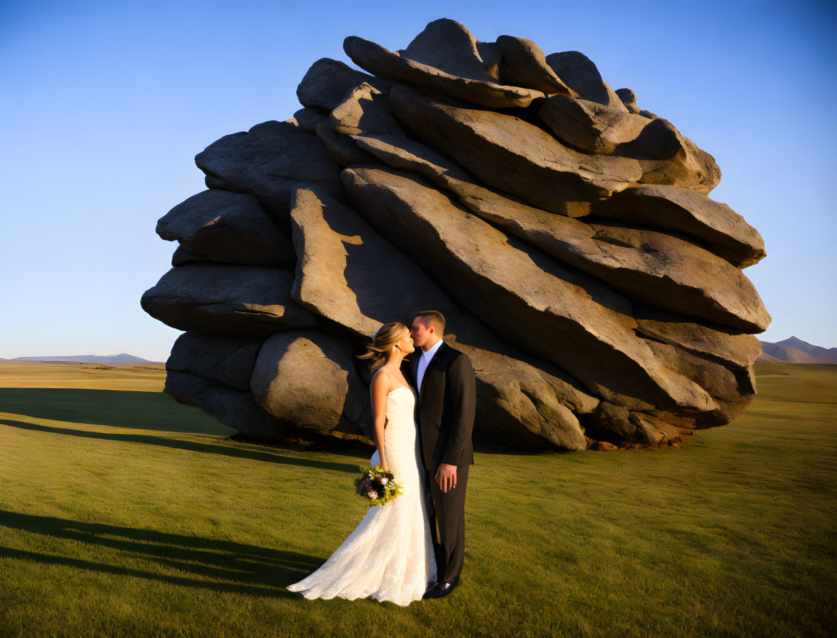 Wedding couple sharing intimate moment by rock formation